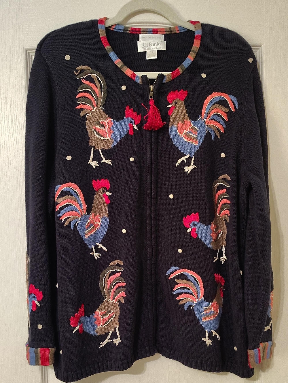 CJ Banks Christopher & Banks 1X Rooster Embroidered Zip Up Cardigan Navy Sweater